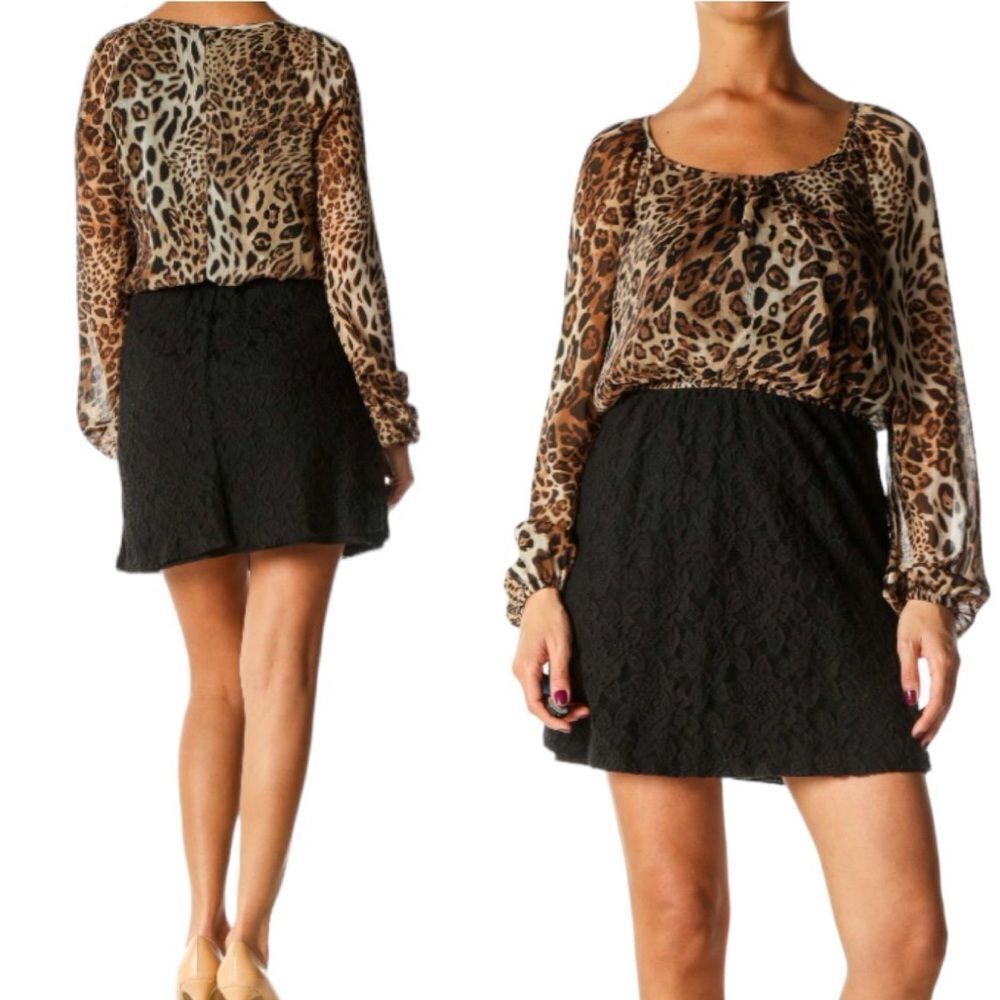 Speechless Black Brown Cheetah Leopard Animal Print Long Sheer Sleeves Lace L